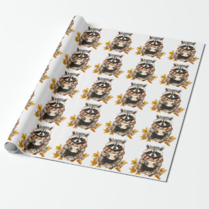 Papel De Regalo El otoño deja raccoon acogedor con taza de café
