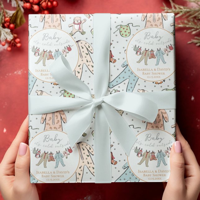 Papel De Regalo El primer pijama navideño navideño de azul (Cute Winter Baby Shower Blue Wrapping Paper for Baby Boy. Pajamas, Teddy Bears, Reindeer, Penguins.)