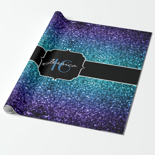 Papel De Regalo El purpurina azul Aqua Ombre brilla dulce 16 (Desenrollado)