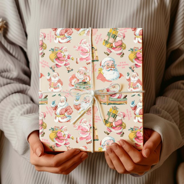 Papel De Regalo El retro nostálgico Santa Claus-Navidades en rosa (Santa Claus themed Christmas Wrapping paper set)