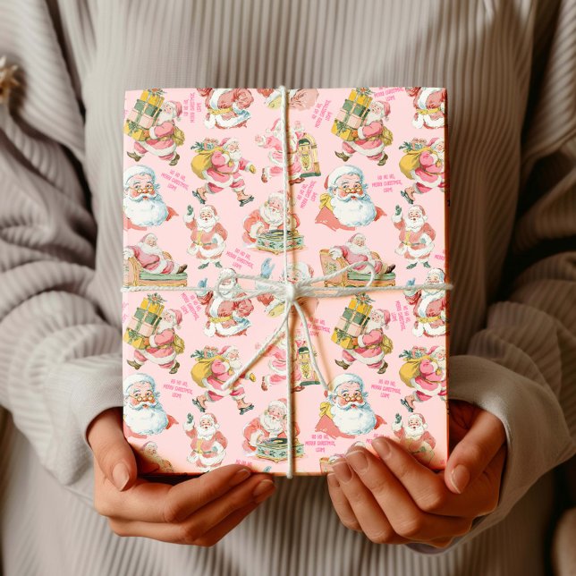 Papel De Regalo El retro nostálgico Santa Claus-Navidades en rosa (Pink Retro Santa Claus-Festive Christmas wrapping paper. Holiday gift warp set)