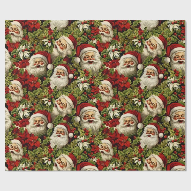Papel De Regalo El retro Santa Claus enfrenta y Holly (Superficie plana)