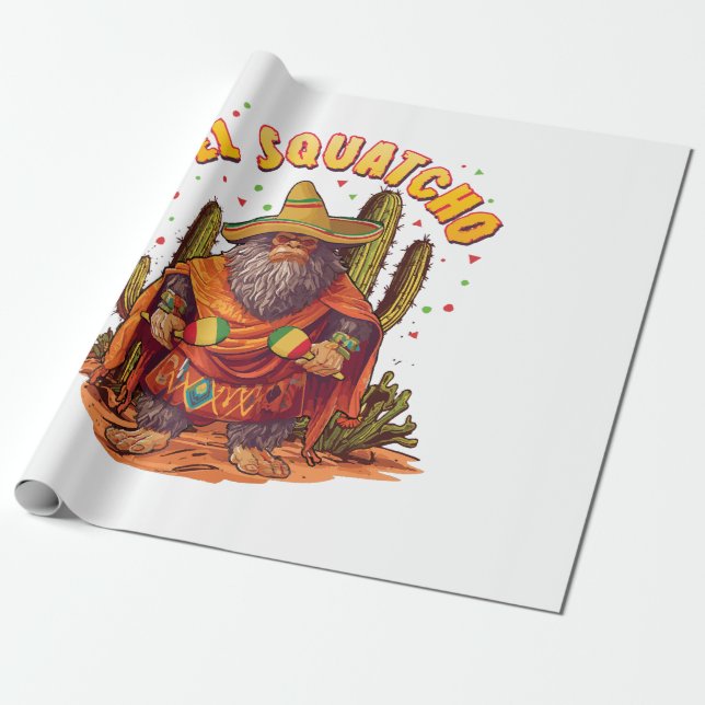 Papel De Regalo El Squatcho Bigfoot con Maraca, Sombrero y Ponc (Desenrollado)