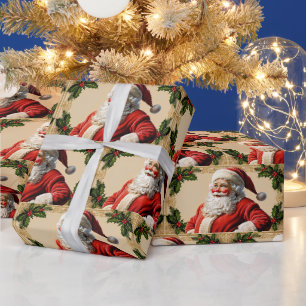 Papel De Regalo El viejo Santa Claus y Holly Berry