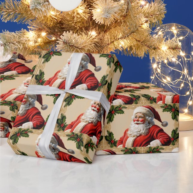 Papel De Regalo El viejo Santa Claus y Holly Berry (Vacaciones)