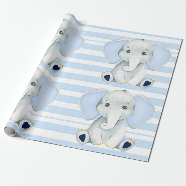 Papel De Regalo Elefante acuático con franjas azules Baby Shower (Desenrollado)