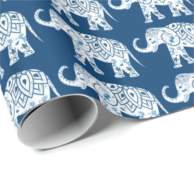 Papel De Regalo Elefante azul modelado adornado (Esquina del rollo)