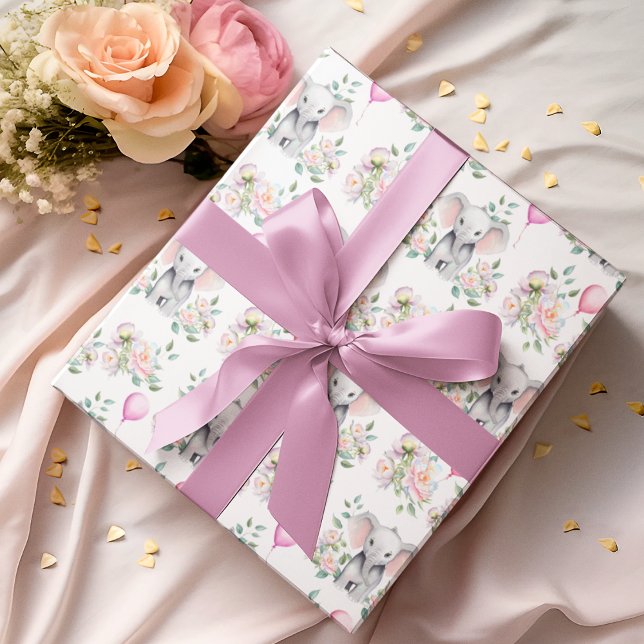 Papel De Regalo Elefante bebé con peones y Baby Shower con globos (Wrap your baby shower gifts or party favors with this adorable baby shower Elephant with peonies!)