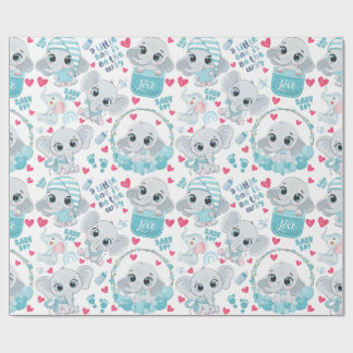 Papel De Regalo Elefante Bebé Niño Bonito Azul Bautizo Cumpleaños 