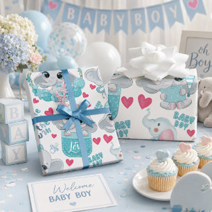 Papel De Regalo Elefante Bebé Niño Bonito Azul Bautizo Cumpleaños 