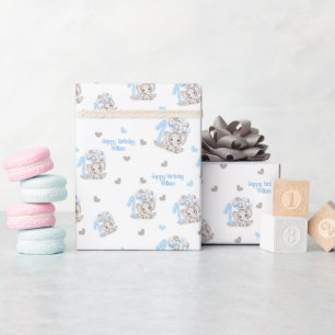 Papel De Regalo Elefante Cute   1 Nacimiento Azul Personalizado