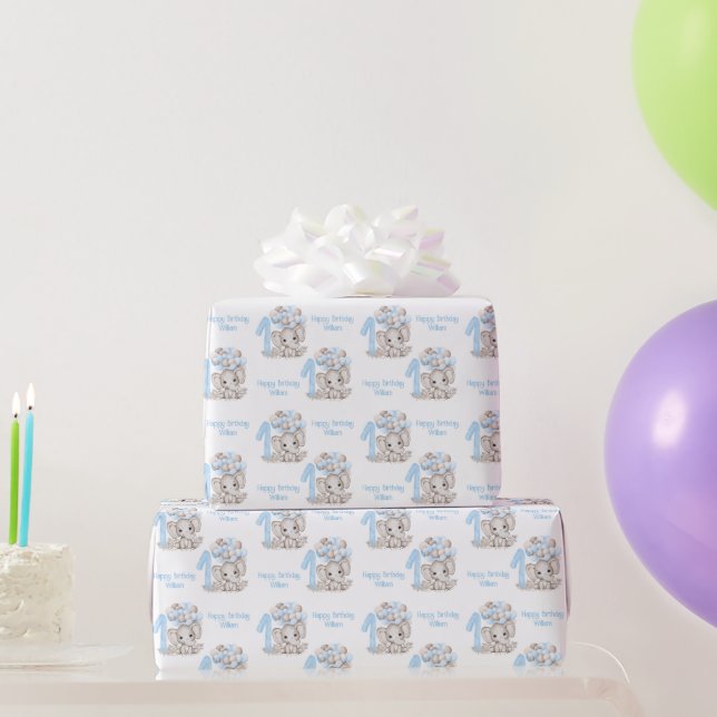 Papel De Regalo Elefante Cute | 1 Nacimiento Azul Personalizado (Regalos de fiesta)