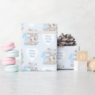 Papel De Regalo Elefante Cute   1 Nacimiento Azul Personalizado
