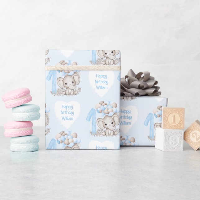 Papel De Regalo Elefante Cute | 1 Nacimiento Azul Personalizado (Baby Shower)