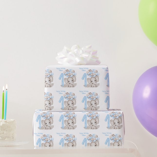 Papel De Regalo Elefante Cute | 1 Nacimiento Azul Personalizado (Regalos de fiesta)