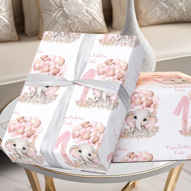 Papel De Regalo Elefante Cute Primer Chica de Cumpleaños Rosa Pers (Cute Elephant 1st Birthday Girl Pink Personalized Wrapping Paper)