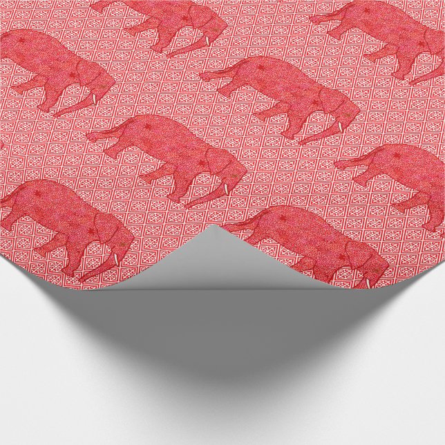 Papel De Regalo elefante de flores - rojo profundo y coral (Esquina)