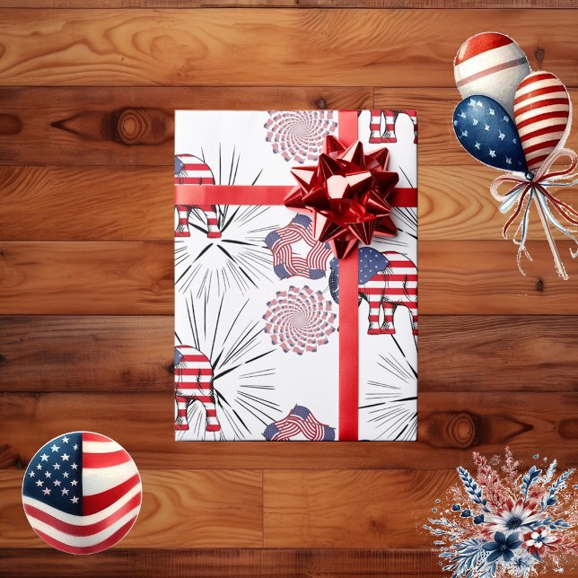 Papel De Regalo Elefante de la Bandera Americana Fuegos artificial (American Flag Fireworks Elephant 4th July Party Wrapping Paper)