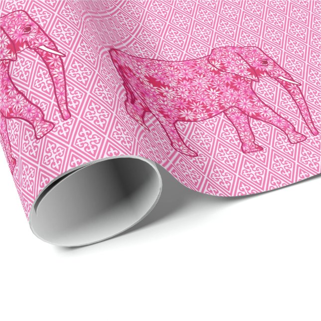 Papel De Regalo Elefante de las flores - rosa fucsia (Esquina del rollo)