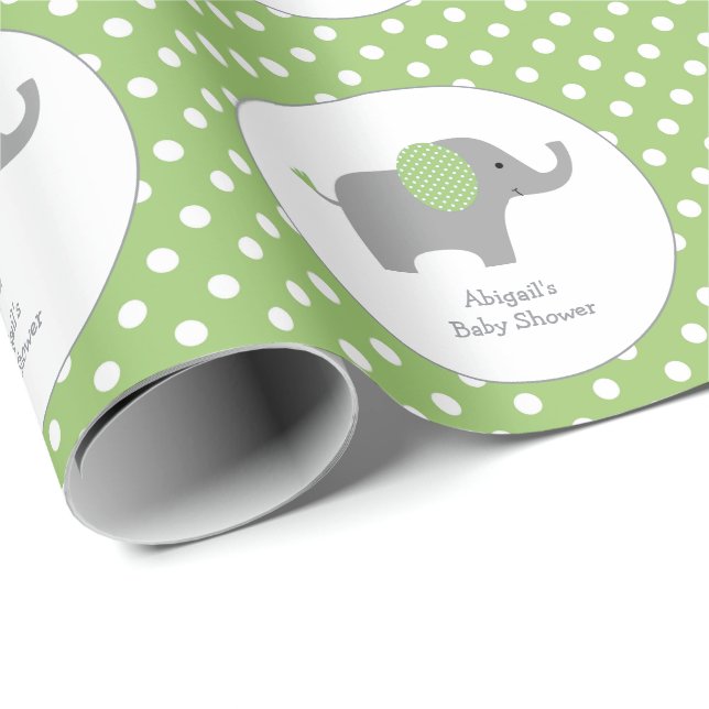 Papel De Regalo Elefante de puntos de Polka verde y blanco Baby Sh (Esquina del rollo)