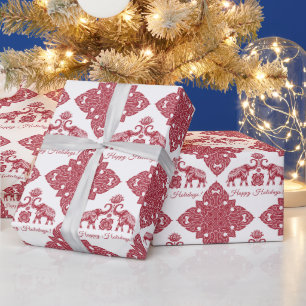 Papel De Regalo Elefante de Tailandia Felices Fiestas Regalo Blanc