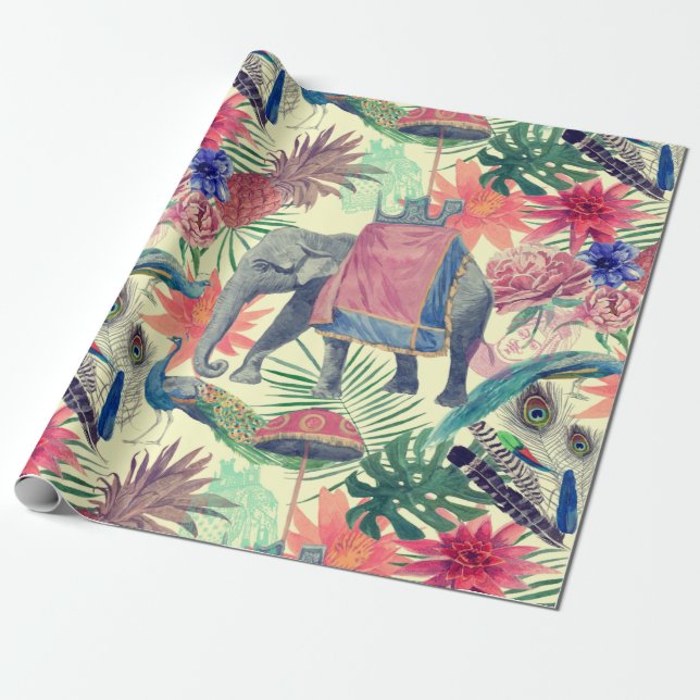 Papel De Regalo Elefante exótico Bonito Peacock (Desenrollado)