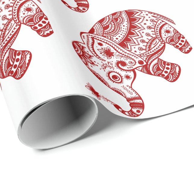 Papel De Regalo Elefante Floral Cuto En Rojo Borgoñacho Blanco (Esquina del rollo)
