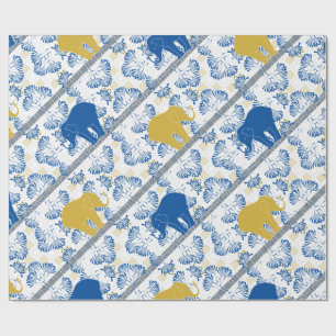 Papel De Regalo Elefante Floral Safari Jungla Patrón Dorado Azul
