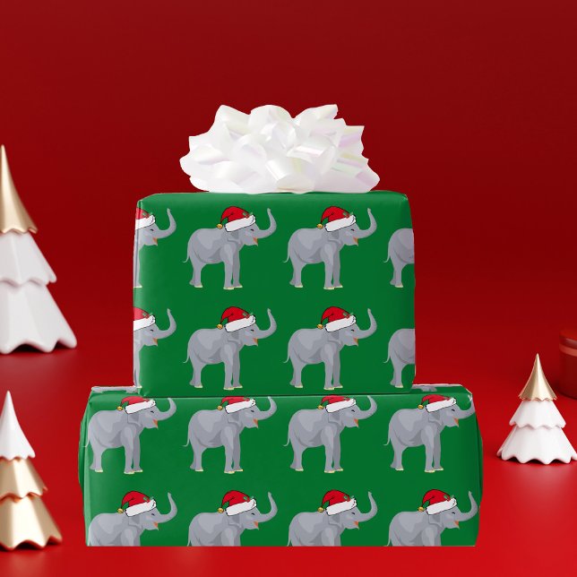 Papel De Regalo Elefante navidad en Santa Hat Green (Subido por el creador)