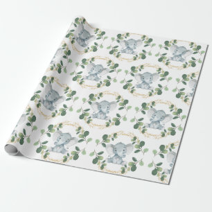 Papel De Regalo Elefante neutro Cute Greenery Gold Baby Cumpleaño
