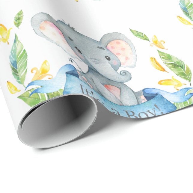 Papel De Regalo Elefante pequeño azul y gris (Esquina del rollo)