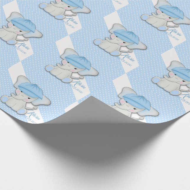 Papel De Regalo elefante personalizado lindo con fondo azul (Esquina)