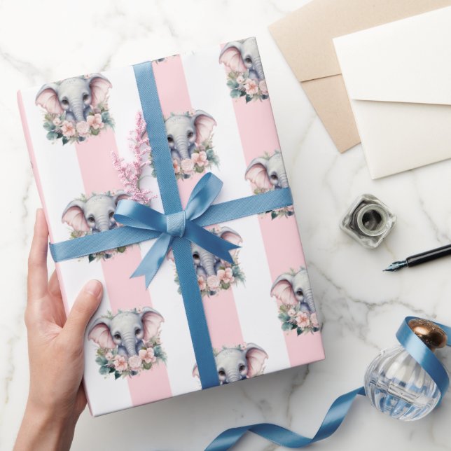 Papel de Regalo Elefante Raya Rosa y Blanco  (Regalar)