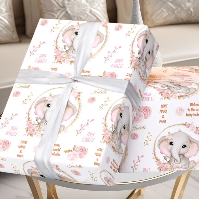 Papel De Regalo Elefante suave Floral Blanco Rosa Chica Texto (Cute Elephant Floral White Pink Girl Name Text Wrapping Paper)