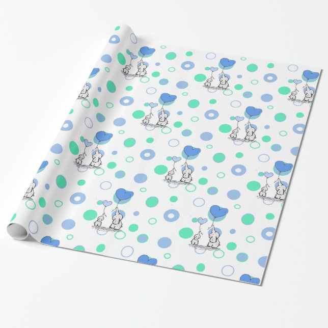 Papel De Regalo Elefantes azules verdes blancos sosteniendo globos (Desenrollado)