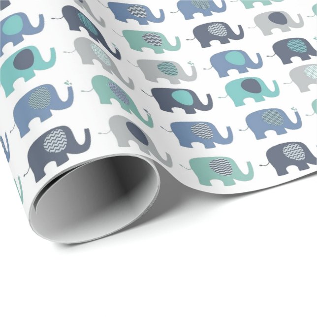 Papel de regalo - Elefantes azules, verdes y grise (Esquina del rollo)