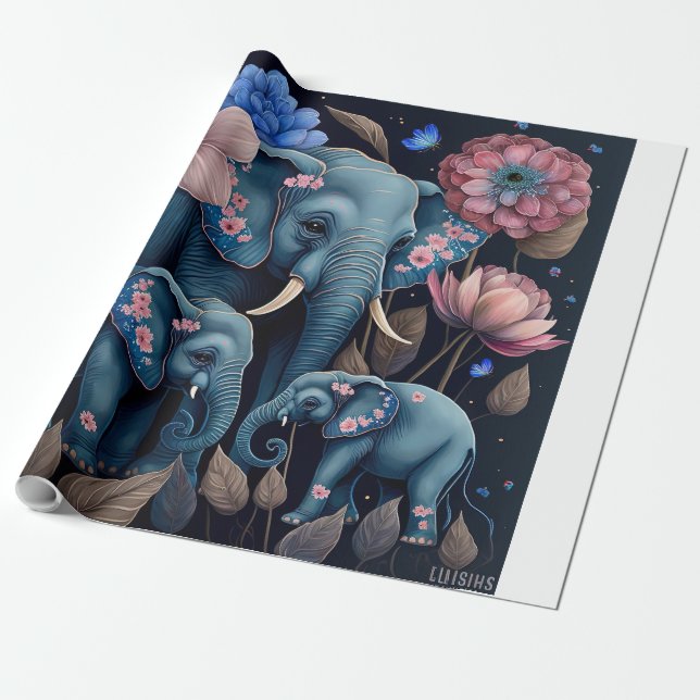 Papel De Regalo Elefantes azules y flores rosas (Desenrollado)