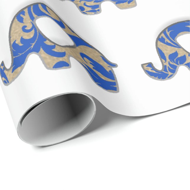 Papel De Regalo Elefantes blanco oriental cobalto azul dorado índi (Esquina del rollo)