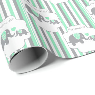 Papel De Regalo Elefantes blancos, grises y verdes Baby Shower de