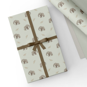 Papel De Regalo Elefantes de Acuarela Verde Polvoriento Patrón Saf