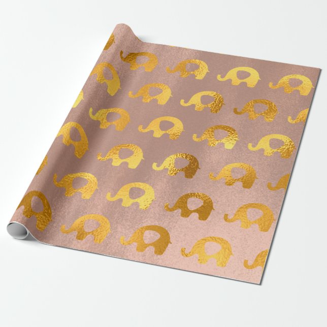 Papel De Regalo Elefantes Dorados Niña Rosa Rubor (Desenrollado)