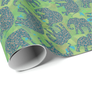 Papel De Regalo Elefantes Paisley, hojas verdes de la jungla