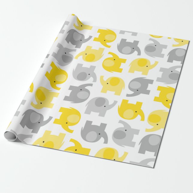 Papel De Regalo Elefantes pequeños, amarillos y grises, envueltos  (Desenrollado)