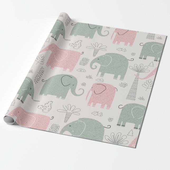 Papel De Regalo Elefantes verdes rosados niños modernos (Desenrollado)