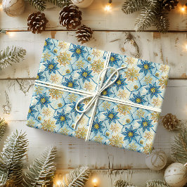Papel De Regalo Elegancia Congelada Copo de Nieve Azul y Dorado
