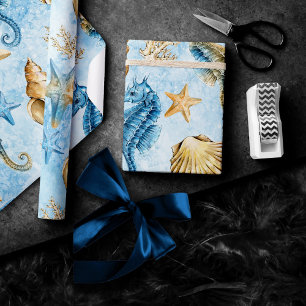 Papel De Regalo Elegancia Costera   Moderno Azul y Dorado Bajo el 