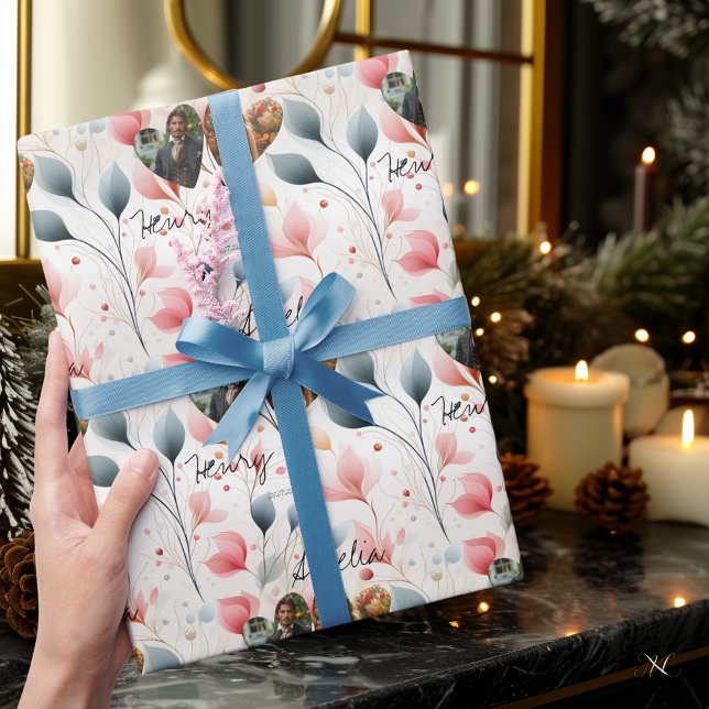Papel De Regalo Elegancia floral personalizada con fotos y nombres (Subido por el creador)