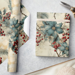 Papel De Regalo Elegancia invernal vintage, bayas rojas y flor gri