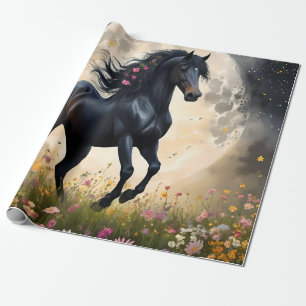 Papel De Regalo Elegancia lunar: caballo negro de fantasía con lun