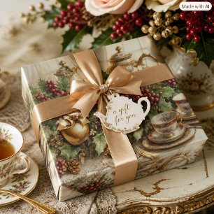 Papel De Regalo Elegancia Vintage Floral en Oro Juego de Té Fiesta